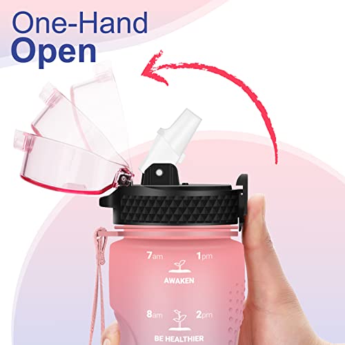 24 OZ Motivational Kids Water Bottle With Time Marker,Straw Lid,Leak Proof, Tritan BPA Free Sports Water Bottle Pink-Blue(1 Lid) - color: Pink Blue