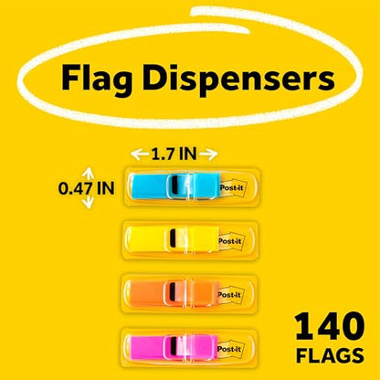 Post-it Flags, 0.47 in. x 1.7 in., 4 dispensers with 35 Flags/Dispenser, 140 Flags Total, in Yellow, Dark Pink, and Teal, Removable Page Markers for Planners, journals, and calendars | Removable Page Markers for Planners, Journals, and Calendars