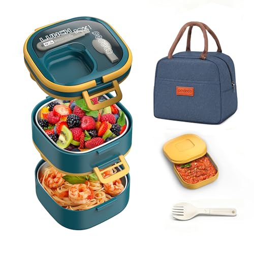 PEDECO Stackable Stainless Steel Bento Box with Insulated bag,Leak-Proof,2-Tier Bento box,Lunchbox container With Portable Sauce Pod and Cutlery-for Kids/Adult,Dishwasher/MicrowaveSafe,Blue - color: Blue, size: Stainless Steel Double Layers with Lunch Bag
