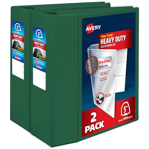 Avery Heavy-Duty View 3 Ring Binders, 5 Inch One Touch EZD Rings, 1,050-Sheet Capacity, 2.3/4.8 Inch Wide Spine, Customizable Clear Cover and Spine, Green Binders (2-Pack of 79111) - color: Green, size: 5"