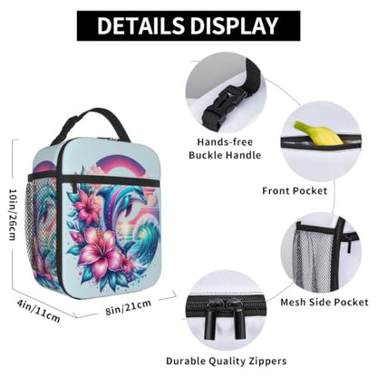 Dolphin Flowers Sunset Wave Ocean Lunch Bag 10In | Insulated Lunch Box Reusable Tote Bag For Picnic Office For Women Men - color: Style 10