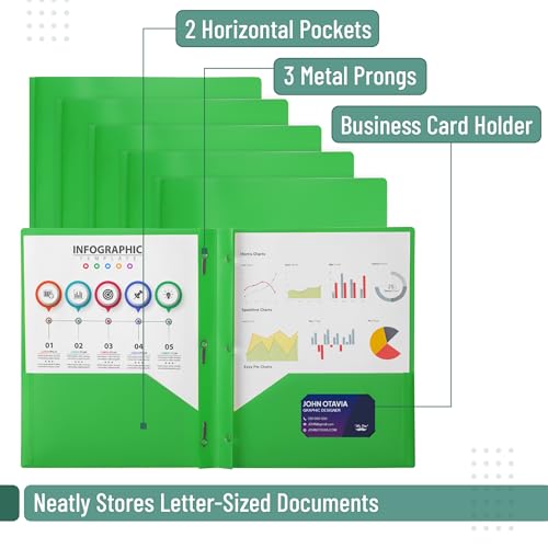 Mr. Pen- Plastic Folders with Pockets and Prongs, 5 Pack, Letter Size | Pocket Folders, Folders with Prongs, File Folders with Fasteners, 2 Pocket Folder - color: Green, size: 5 Pack