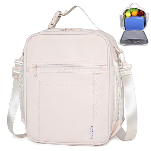 NOL Nylon Waterproof Kids Lunch Bag, Insulated Lunch Bag, Lunch box Cooler, Reusable, Zip Closure with Buckle Handle Holds Lunch Box, Snacks & Water Bottle for School Work, Cream - color: Cream, size: Vertical (7 Liters)