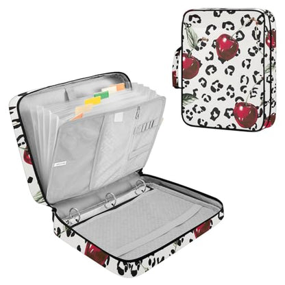 ALAZA Cherry Leopard Spots Zipper Binder with Handle, 7-Pocket Expanding File Folder, Detachable 3-Ring Binder, File Organizer for Home Office Work A4 Letter Size Paper Document