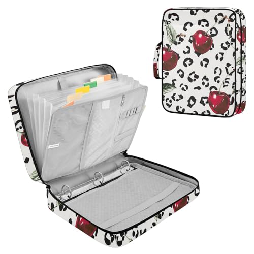 ALAZA Cherry Leopard Spots Zipper Binder with Handle, 7-Pocket Expanding File Folder, Detachable 3-Ring Binder, File Organizer for Home Office Work A4 Letter Size Paper Document