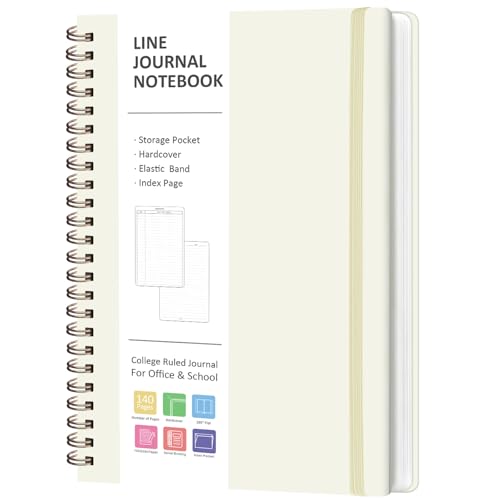 A5 Lined Spiral Journal Notebook, 146 Pages Hardcover Notebook with 100 GSM Thick Paper, Inner Pocket & Elastic Closure, 5.7" x 7.9", Notebooks for Work, School, College, Office, Journaling & Note Taking - color: Beige