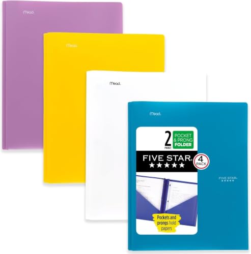 Five Star 2 Pocket Folders, Plastic Folders with Prong Fasteners, Holds 11” x 8-1/2”, Tidewater Blue, White, Amethyst Purple, Harvest Yellow (38136) (Pack of 24) - color: Trend, size: 24 Pack