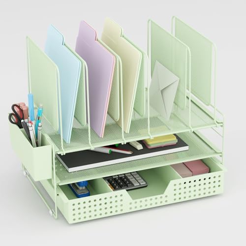 LEKETREE Green Desk Organizer, Office Organization with Vertical File Holder, File Organizer with Drawer and Pen Holder, Desk Accessories and Workspace Organizers for Home Office (Green) - color: Green