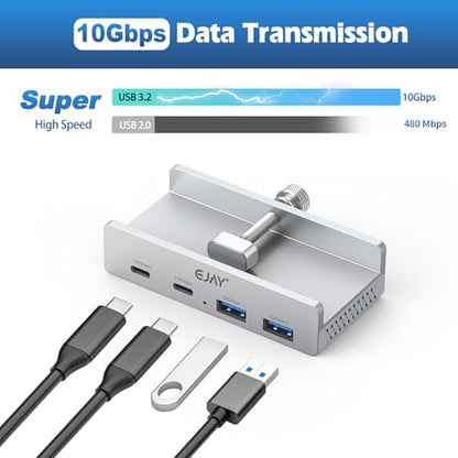 EJAY 4Ports 10Gbps USB-C HUB USB3.2 Clamp USB HUB Splitter,Mountable USB-C Adapter with Data & Power Cable for iMac 2021 and later-10Gbps(Sliver) - size: with 2 USB C&2 USB A