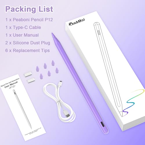 Stylus Pen for iPad, Magnetic Wireless Charging & USB C Fast Charge Pencil Compatible with Apple iPad (A16) 11/10/9/8/7/6th Generation, Pro 13"/12.9"/11", Air M3/M2/5/4/3, Mini (A17 Pro) 7/6/5 Purple - color: Purple+6pcs Replacement Nibs