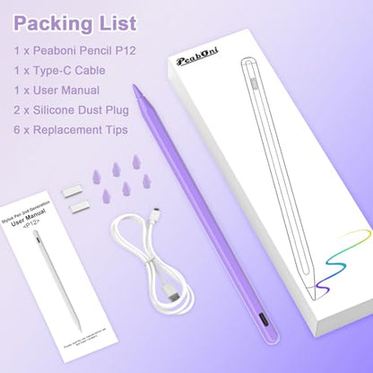 Stylus Pen for iPad, Magnetic Wireless Charging & USB C Fast Charge Pencil Compatible with Apple iPad (A16) 11/10/9/8/7/6th Generation, Pro 13"/12.9"/11", Air M3/M2/5/4/3, Mini (A17 Pro) 7/6/5 Purple - color: Purple+6pcs Replacement Nibs