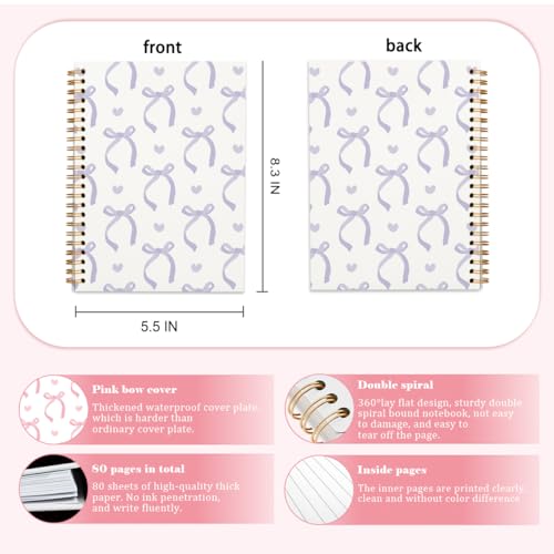 QUICQOD Preppy Purple Bow Spiral Notebook Journal for Teen Girls and Women | Cute Purple School Supplies for Girls, Coquette Hardcover Lined Notebook for Note Taking 5.5x8.3 Inch - color: Purple1