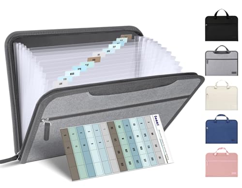 Sooez Heavy Duty Accordion File Organizer with Hidden Handle, Portable 12 Pockets Expanding File Folders, Cloth Monthly Bills Receipt Organizer for Letter/A4, School Classroom Home & Office Supplies - color: Grey
