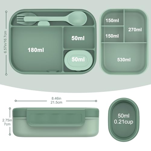 Caperci Stackable Bento Lunch Box for Adult & Teens - Reinforced Leak-Proof Lunch Container 4-Compartment with Utensils & Sauce Container, BPA-Free, Dishwasher/Microwave Safe, 47oz (Khaki Green) - color: Khaki Green