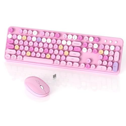 Colorful Wireless Keyboard and Mouse Combo, COVEVA 2.4GHz Wireless Retro Cute Round Keycaps Keyboard, 104 Keys Full-Sized Keyboard Mouse Set with Switch Button for PC Laptop Desktop (Pink Colorful) - color: Pink Colorful