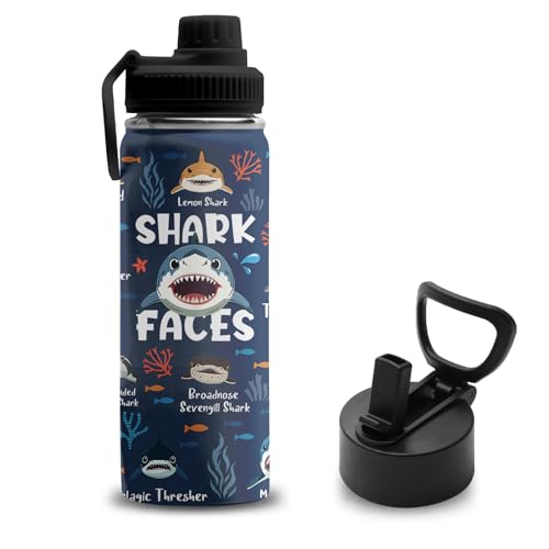 Shark Gifts for Boys, 18 oz Stainless Steel Water Bottles with 2 Lids, Insulated Water Bottle with Straw, Shark Cups for Travel Sports Outdoor, Birthday Christmas Gifts for Boys Ocean Animals Lovers - color: Shark