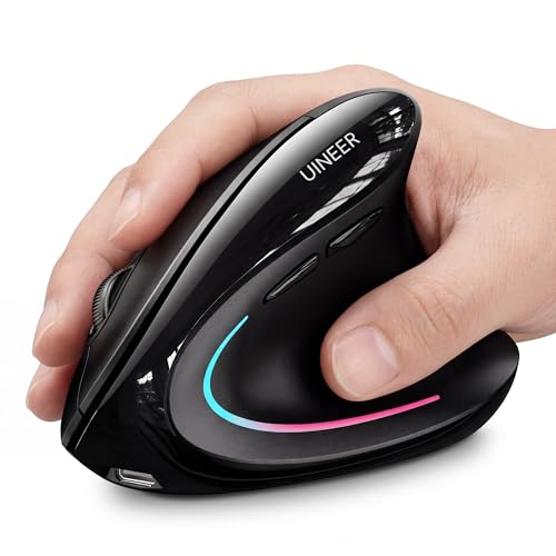 Uineer Vertical Ergonomic Mouse, Wireless Bluetooth Mouse, 3-Device | Switch among 3 devices via dual Bluetooth and 2.4G; rechargeable with 7-color ambient lighting. - color: Black