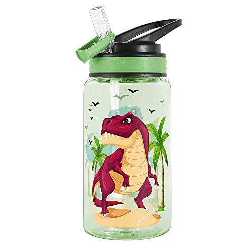 15oz Water Bottle for Kids Girls Boys School, BPA Free, Leak Proof Flip Straw, Carry Loop, Easy Clean - Dinosaur - color: Dinosaur
