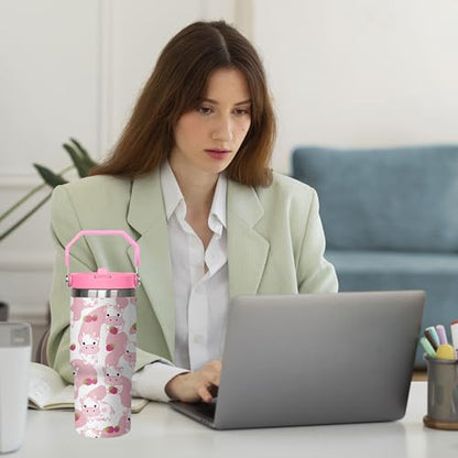 Queen Hero 30 oz Pink Cow Tumbler with Handle, Large Insulated Tumbler with Flip & Straw Coffee Mug Cup Stainless Steel Gifts for Women Men Youth - color: Pink Cow