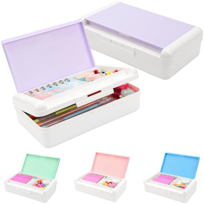 SFLHHDM Pencil Box, Double Layer Large Capacity, White Purple, 1pcs | Plastic, Snap-tight Lid, Stackable Storage, For Gel Pen Pencils Crayons - color: White Purple-1pcs
