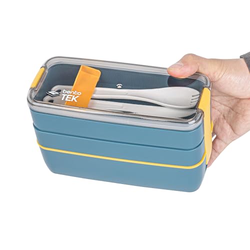 Restaurantware-Bento Tek 28.7 Ounce Bento Boxes, 10 Reusable Lunch Containers - With Fork And Spoon, Does Not Contain BPA, Blue And Yellow Plastic Reusable Lunch Boxes, Microwavable, Dishwashable - size: 10 Count, style: 29 oz - Blue