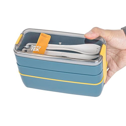 Restaurantware-Bento Tek 28.7 Ounce Bento Boxes, 10 Reusable Lunch Containers - With Fork And Spoon, Does Not Contain BPA, Blue And Yellow Plastic Reusable Lunch Boxes, Microwavable, Dishwashable - size: 10 Count, style: 29 oz - Blue