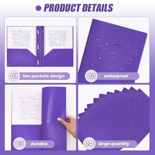Yeaqee 300 Pack Plastic Folders with Prongs Heavy Duty Plastic 2 Pocket Folder with 3 Prongs, Business Card Slot for Back to School Office Home 11.6 x 9.5 Inch (Purple) - color: Purple