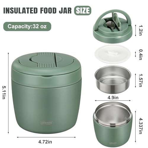 wiwens Thermo Food Jar for Hot Food Adults 32OZ Soup Thermo Lunch Containers Wide Mouth Vacuum Insulated Stainless Steel Leakproof Bento Box with Spoon (Green) - color: Green