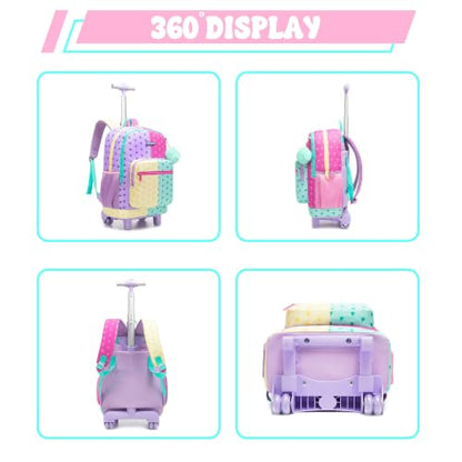 Girls Rolling Backpack with Lunch Box School Backpacks with Wheels 16.5" Roller Backpack for Girls, 3pcs Kids Wheeled Bookbag for Elementary School - color: Duoseaixin