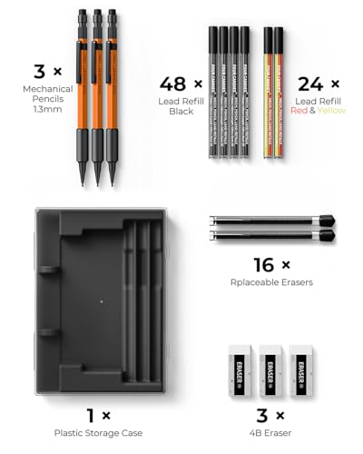 Four Candies 1.3mm Mechanical Pencil Set with 72 Lead Refills, 3PCS, Orange | 72 Refills (Red Yellow Black), 3 Erasers, Heavy Duty, Weatherproof Body for Adult Outdoor Construction Woodworking Marking - size: 3-Pack, style: Orange