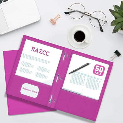 Two Pocket Folders, RAZCC 75 Pack Two Pocket Folders with Prongs, 3 Prong Folders Fit Letter Size Paper, Pocket File Folders for School Office Home Business, Rose Purple - color: Rose Purple