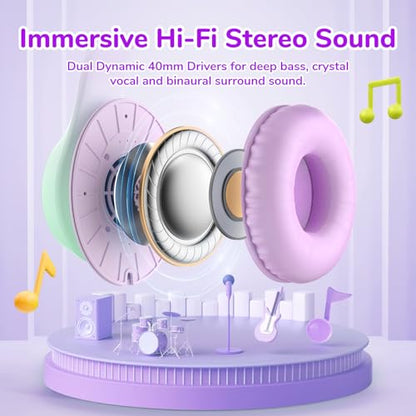 EarFun K3 Kids Headphones, Over Ear Headphones with Microphones, 85/94dB Volume Limit, HD Stereo Sound, Foldable Wired Headphone for School/Travel/Boys/Girls/Tablet/iPad (3.5mm Plug with Mic, Purple) - color: Purple