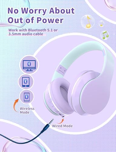 Bluetooth Kids Headphones,Wireless Kids Headphones Over Ear with Microphones,Stereo Sound ,10H Playtime, Foldable&Adjustable Children Headphone,Bluetooth Headset for Adults,School (Purple) - color: Purple