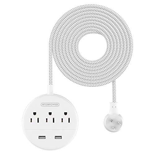 NTONPOWER Braided Extension Cord 15 ft, Flat Plug Power Strip with USB, Compact Nightstand Desktop Charging Station with 3 Outlets 2 USB Ports, Wall Mount for Dorm Nightstand Desk, White - size: 15ft, style: Braid Cord