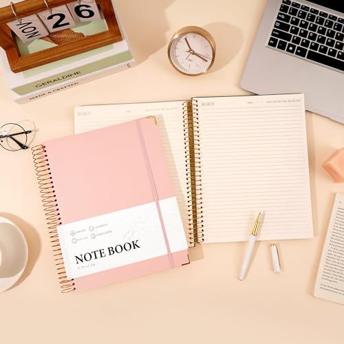 Pink Spiral Notebook College Ruled 8.5 X 11 with Stickers, Hardcover | 220 Pages, A4 Large Note Book for Work Note Taking School Office Women Men Writing - color: Pink
