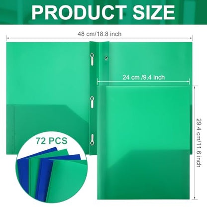 Cholemy 72 Packs Pocket Folders with Prongs Heavy Duty Plastic Folder with Business Card Slot 3 Prong Fasteners for School Office (Blue,Green) - color: Blue, Green