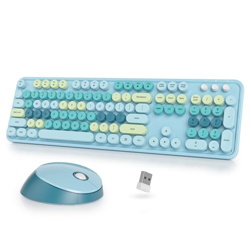 Wireless Keyboard and Mouse Set, Retro Typewriter Keyboard, 2.4GHz Full Size 104-Key Cute Keyboard with Number Pad, Colorful Keyboard with Round Keycaps for Windows PC Laptop(Colorful Blue) - color: Blue