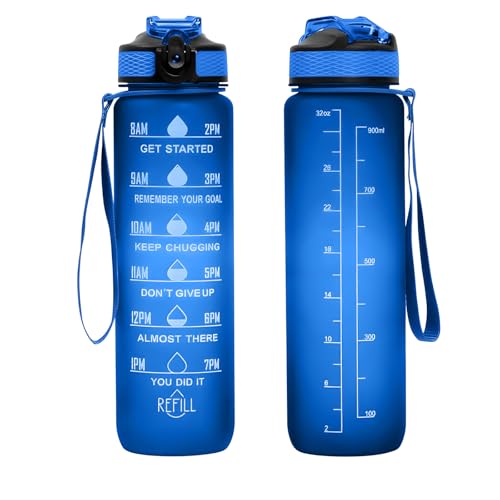 32 oz Motivational Water Bottle with Time Marker,Water Bottles with Times to Drink and Straw with Carrying Strap,Perfect For Fitness Gym Outdoor,BPA Free (Blue) - color: Blue