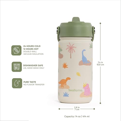 Seallama. Kids Water Bottle - 14 oz Stainless Steel Tumbler with Straw Lid, Vacuum Insulated Double Wall Travel Cup, Leak-Proof Reusable Drink Bottle for School & Everyday Hydration - color: Dino Darling