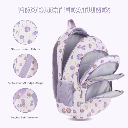 Glodwheat Daisy Printed Backpack For Girls- 3Pc Set With Lunch Box & Pencil Case, Lightweight Water-Resistant Bookbag For Elementary School - color: White