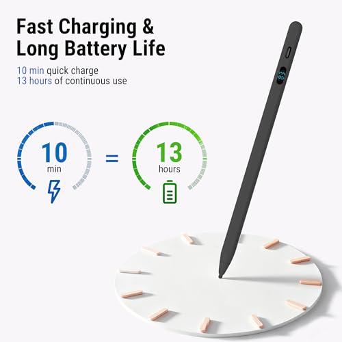 2-in-1 Stylus Pen for Touch Screen with LED Power Display, Universal Stylus Active Pencil for iPad 2018-2026, iPhone, Samsung, Android Tablet, Switch- Tilt Sensitivity Drawing, Fast Charge Digital Pen - color: Black