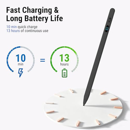 2-in-1 Stylus Pen for Touch Screen with LED Power Display, Universal Stylus Active Pencil for iPad 2018-2026, iPhone, Samsung, Android Tablet, Switch- Tilt Sensitivity Drawing, Fast Charge Digital Pen - color: Black