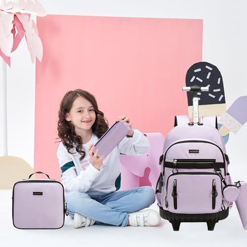 Rolling Backpack for School Girls Rolling Backpack with Lunch Box Backpacks with Wheels for Teen Girls Kids Roller Backpacks for Elementary - color: Solid New Purple