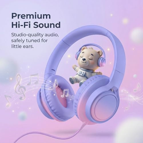 Kids Headphones Wired with Microphone, 85/94dB Volume Limit, 3.5mm Jack & USB-C Adapter, Foldable Over Ear Headset for School, Tablet, iPad, Laptop, Travel (Pink) - color: Gradient Lavender & Pink
