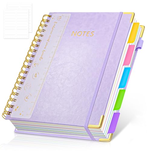 Hardcover Spiral Notebook Journal with Removable PVC Dividers - 8'' x 10'' Large 100 GSM Paper B5 Notebooks with Tabs, 300 Pages Leather 5 Subject Notebook College Ruled for Work School Notes, Purple - color: Purple