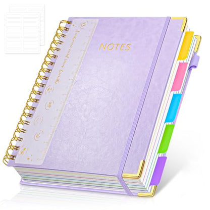 Hardcover Spiral Notebook Journal with Removable PVC Dividers - 8'' x 10'' Large 100 GSM Paper B5 Notebooks with Tabs, 300 Pages Leather 5 Subject Notebook College Ruled for Work School Notes, Purple - color: Purple