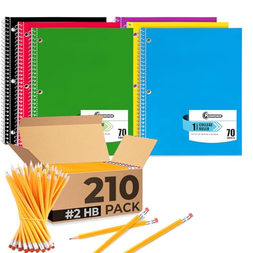 Rosmonde 210 Pack Pre Sharpened Pencils #2 and 1 Subject Notebook College Ruled, 6 Pack, 70 Sheets (140 Pages) Bulk Combo for Teacher Pack, Assorted Colors Bulk School Supplies