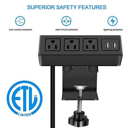 3 Outlet Desk Clamp Power Strip, Desktop Power Strip with USB Ports, Desk Mount USB Charging Power Station, on Desk Edge Power Outlet 125V 12A 1500W, 10 FT Desk Outlet Strip. (10FT, Black) - color: Black, size: 10FT