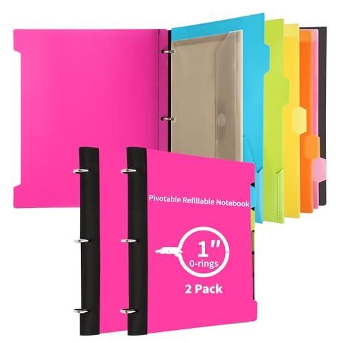 2 Pcs Pivotable Refillable Notebook, 3 Ring Binder Notebooks 1 Inch, Notebook with Dividers and Pockets, Folder Notebook, Flexible Binder, Soft Binders 3 Ring, Foldable Binder- Pink - color: 2 Pcs Pink
