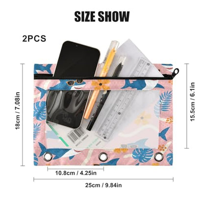 Blueangle Tropical Leaf Shark Pencil Pouch for 3 Ring Binder, 2 Pack Clear Window Zipper Pencil Bags for Office